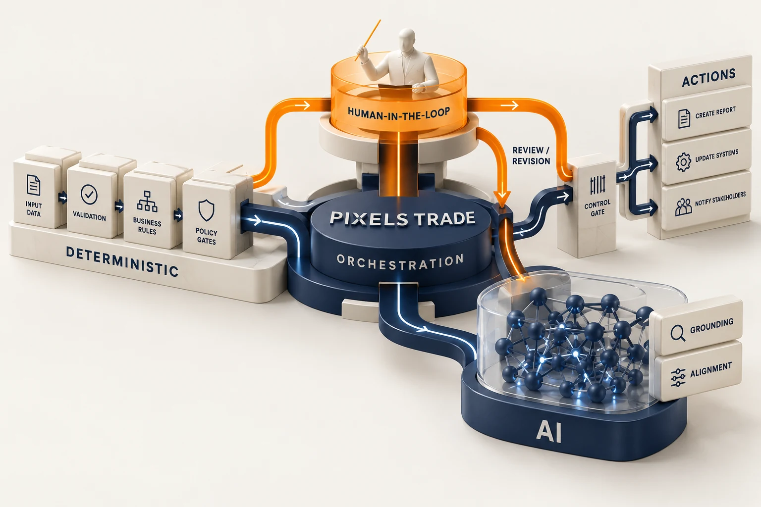 Pixels Trade orchestration of deterministic rules, AI proposals and human review