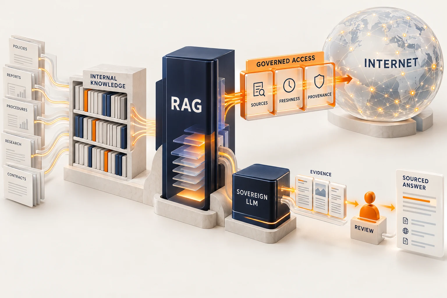 RAG connected to internal indexes and governed Internet sources